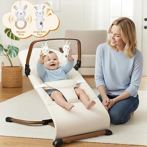 Portable Baby Bouncer, Bouncer Seat for Babies 0-12 Months, 3 Recline Positions, Foldable Baby Rocker Chair with Removable Wooden Bar, Beige