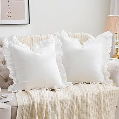 2 Pack 20"x20" Ruffle Throw Pillow Covers Farmhouse Off White Shabby