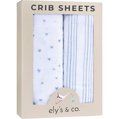 Ely’s & Co. Crib Sheets, Baby Boy Fitted Crib Mattress Sheet Set, 2 Pack, 100% Jersey Knit Cotton, Infant and Toddler Nursery Bedding, Blue Stars + Stripes Print, 28” x 52”