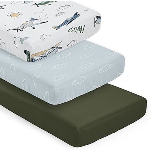 Sweet Jojo Designs 3-Piece Baby Crib Sheets Set (Vintage Airplane) for Boys, Infant Nursery, Toddler Room - Fitted, Standard Size (Blue Clouds, Solid Green & Air Plane Transportation Aviator Aviation)