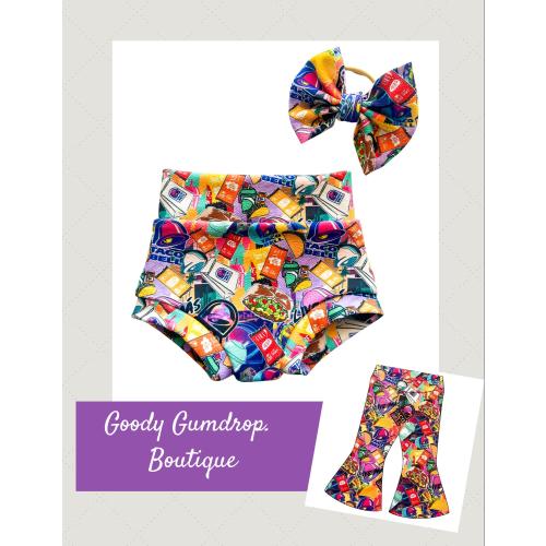Baby Girl Toddler Hippie Boho TACO Fast Food Mexican Bummies pants Nylon Bow set 0/3-24 mos Shorties Headband diaper cover Hot Sauce Burrito