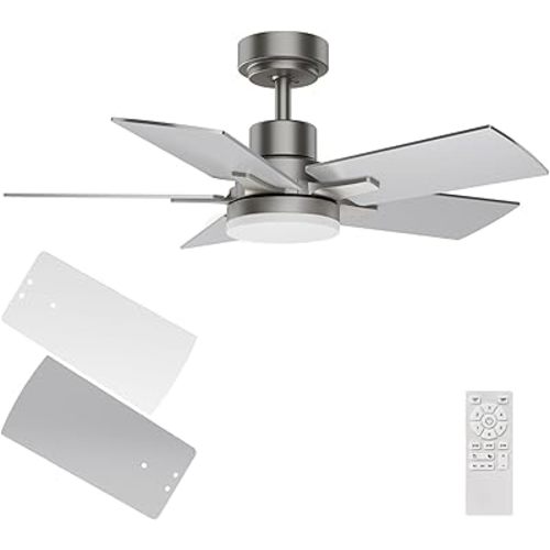 Ceiling Fan 32 Inch, Remote Control DC Motors, 3CCT 3000K-4000K-6500K Dimmable Timer Noiseless, Modern Nickel Compact Ceiling Fans with Light for Indoor & Outdoor
