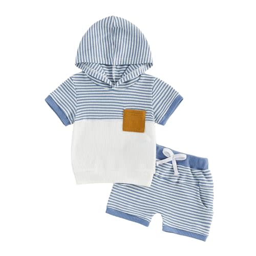 Toddler Baby Boy Summer Waffle Outfit Hooded Striped Knit Top Shorts Set Infant Summer Clothes 6 12 18 Months 2T 3T