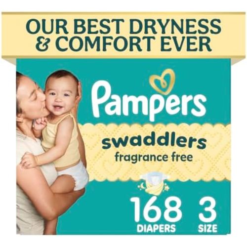Pampers Swaddlers Diapers, Size 3 (13-26 lbs), 168 Count, Fragrance Free, Hypoallergenic, Absorbent, Pediatrician Recommended, Skin Safe