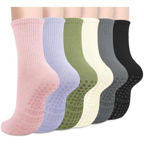 Justay 6 Pairs Pilates Socks with Grips for Women Soft Non Slip Crew Cotton Athletic Workout Barre Hospital Yoga Socks