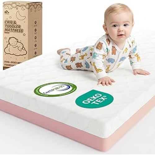 Dual Sided Baby Crib Mattress, 5 Inch Thick Soft & Firm Memory Foam Breathable Toddler Mattress, 4 in1 Standard Baby Bed Mattresses with Removable Washable Cover 52x27.6x5 - Pink
