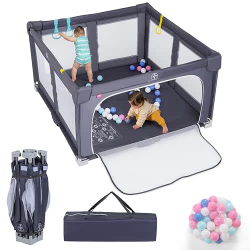 Costzon Foldable Playpen for Babies, 50''x50'' Portable Baby Play Pen with 50 PCS Ocean Balls, 4 Handles, Carry Bag, Visible Mesh, Kids Activity Center with Gates, Indoor & Outdoor Gate Play Pen