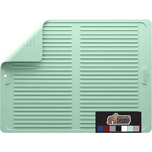 GORILLA GRIP 100% BPA-Free Patented Silicone Dish Drying Mat for Kitchen Counter, 18x24 Inch, Water Catching Ribbed Design, Easy Clean Waterproof Sink Liner, Heat Resistant, Fits Under Rack, Mint