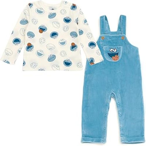 Sesame Street Baby Corduroy Ribbed Overall and T-Shirt Outfit Set Newborn to Infant Sizes (Newborn - 24 Months)
