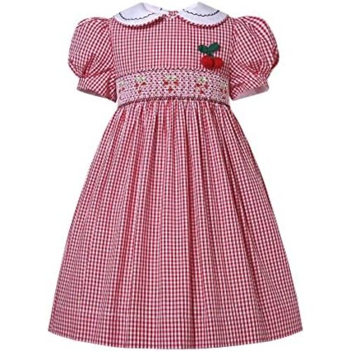 Girls Summer Casual Embroidery Smocked Dresses Kid Child Elegant Plaid Family Party Smock Clothes