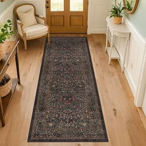 Brown Boho Washable 2x6 Runner Rugs for Hallway, Kitchen, Bedroom Bedside, Laundry Room, Bathroom Rug, Pet & Kids Friendly, Non Slip Low Pile Stain Resistant Soft Long Floral 24 x 72 Floor Carpet