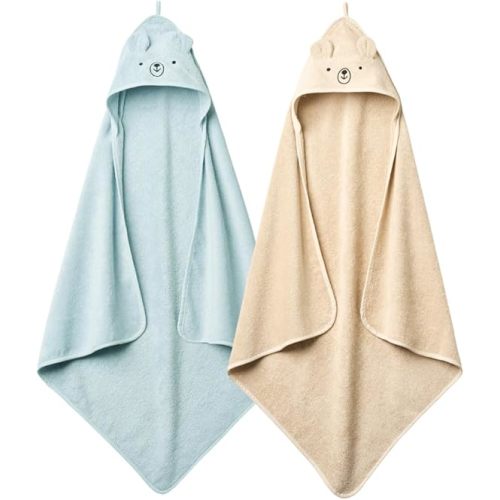 Baby Hooded Towel – Organic Cotton Baby Bath Towels, 32" x 32" Super-Soft and Absorbent Baby Towels for Newborn Baby Boys 2-Pack (Bear Fog/Baby Blue)