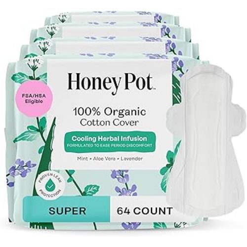 The Honey Pot Company - 64ct - Herbal Pads for Women - Super w/Wings - Infused w/Essential Oils for Cooling Effect, Organic Cotton Cover, & Ultra-Absorbent Pulp Core - Feminine Care