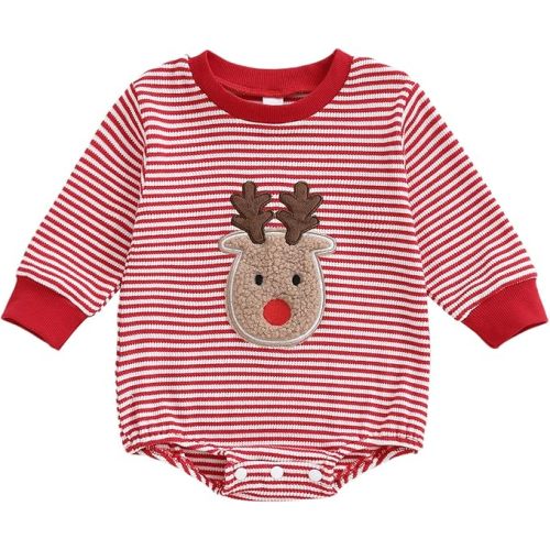 Christmas Waffle Baby Romper,Reindeer Embroidery Striped Infant Onesie Long Sleeve Bodysuit Festive Newborn Outfit