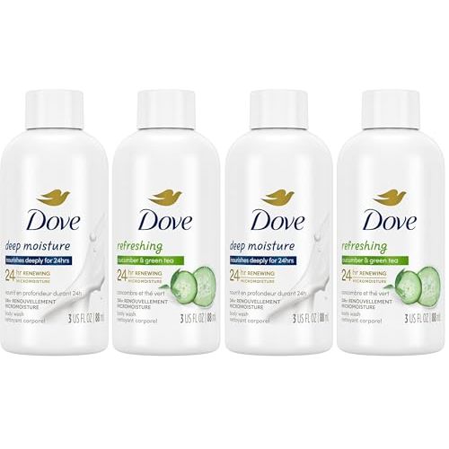 Dove Body Wash Travel Essentials Variety 4-Pack – Refreshing Cucumber & Green Tea + Deep Moisture Nourishing Body Washes, 3 Oz Ea