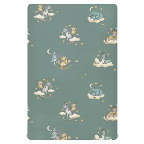 Pfrewn Crib Sheets for Boys Girls Dragon Baby Animals Retro Fitted Crib Sheet for Mini Crib Mattress Stretch Soft Toddler Baby Playard Sheet,39x27IN