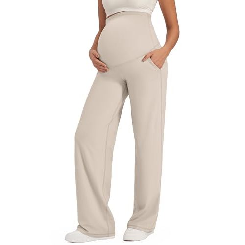 G4Free Maternity Pants Over The Belly Yoga Dress Work Pregnancy Pants Stretchy Lounge Wide Leg Trousers with Pockets