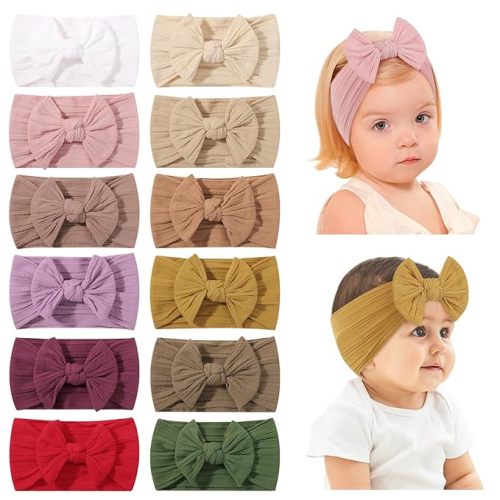 jollybows 12pcs Baby Girls Nylon Headband with Bow Newborn Hairbands Infant Hair Bow Elastics Handmade Hair Accessories for Toddlers Kids