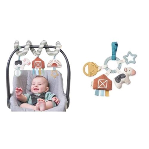 Itzy Ritzy Car Seat Spiral and Busy Ring Teething Toy Bundle (Farm)