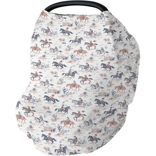 Boho Western Cowboy Car Seat Covers for Babies Vintage Cowboys Horse Stretchy 5-in-1 Cover Adjustable Infant Carseat Canopy Cover Wild West Desert Breathable Nursing Cover-Up