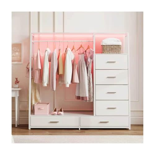 White Dresser with Hanging Rack for Bedroom, 6 Large Fabric Drawers with LED Lights, Clothing Storage Organizer for Small Spaces, Modern White Chest of Drawers with Clothes Rack