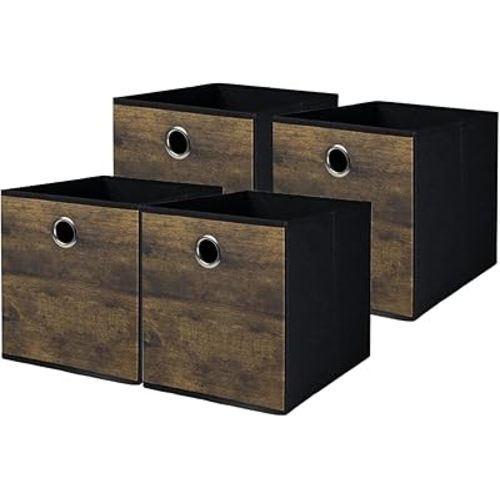 4 Pack Durable Storage Cube Bin with Decorative Wood Grain,Thickened Fabric Box,Storage Basket for Shelves,Closet,Storeroom,Bedroom,Living Room,Nursery,Office,Dorm,12.6x12.6x12.6in, Brown with Black