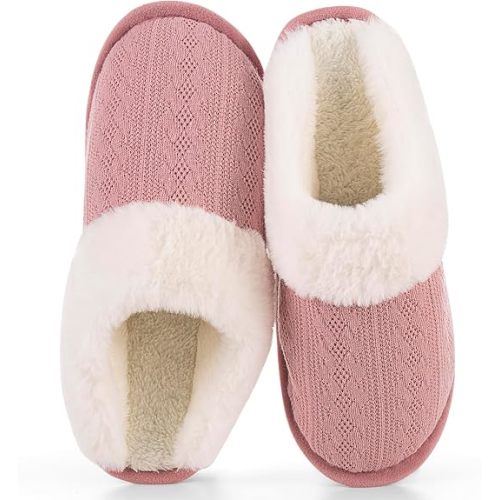 Women's Cozy Knit Slippers with Faux Fur Lining Memory Foam - Non-Slip Rubber Sole Indoor/Outdoor Winter House Shoes for Warmth and Comfort