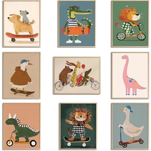 SAMHOU Kids Room Wall Art Set of 9, Funny Cute Cartoon Animal Canvas Prints, Nursery Wall Decor Paintings for Boys Girls Bedroom Baby Room Playroom Classroom Decoration 8x10 Inch Unframed