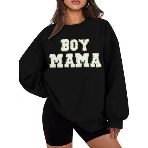 MYHALF Women Mama Oversized Crewneck Sweatshirt: Momma Embroidered Shirt Funny Mom Letter Print Long Sleeve Pullover Tops