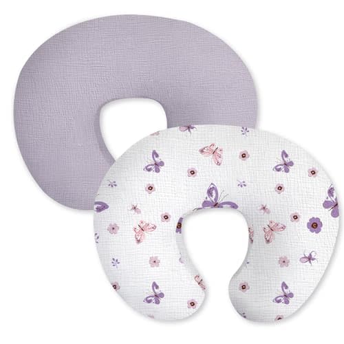 Little Grape Land Muslin Nursing Pillow Covers 2 Pack, 100% Cotton Removable Breastfeeding Pillow Covers, Feeding Pillow Slipcovers for Baby Boys & Girls, (Purple Butterfly & Purple)