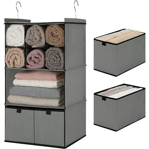 GRANNY SAYS Hanging Closet Organizer with Drawers, 4 Shelf Dividers Closet Hanging Organizer, Foldable Hanging Shelves for Wardrobe Closet, Small Closet Organizers for Clothes Shoes, Grey