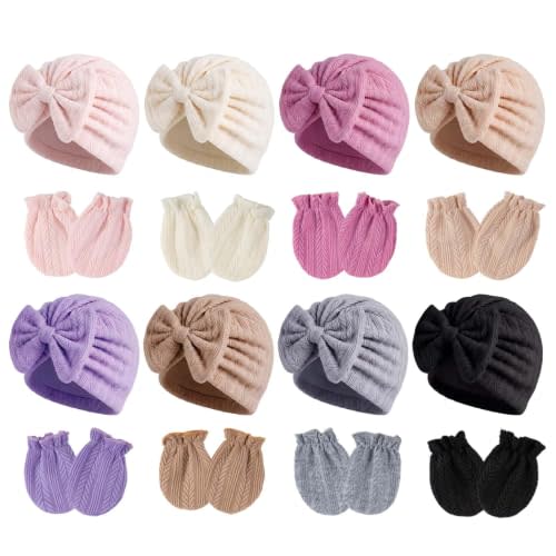 Newborn Baby Girl Hats Mittens Set Cotton for Infants 0-6 Months | 8 Sets New Born Baby Girls Bow Hats Mittens Soft Hospital Hat Beanies No Scratch Mitten Gloves gorros bebes niñas recien 0-3