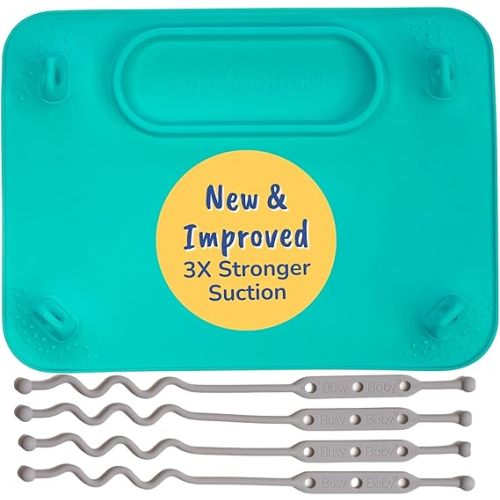 BUSY BABY Silicone Mat - New and Improved Suction Cups, 4 Straps to Secure Baby Essentials, Self Feeding, Baby Led Weaning, Travel Sleeve Included (Spearmint)