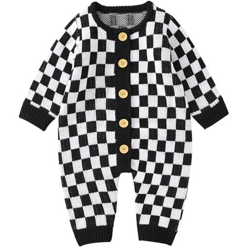 Baby Girl Boy Knit Jumpsuit Checkerboard Round Neck Long Sleeve Button Up Rompers for Toddlers