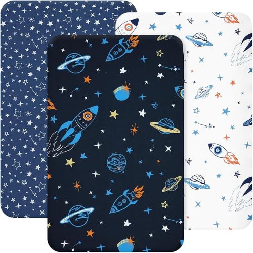 david's kids 3 Pack Mini Crib Sheets, Soft Breathable Premium Pack N Play Sheets for Baby Boys Girls Neutral, Playard and Mini Crib Mattresses, Space
