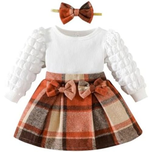 Toddler Baby Girl Plaid Dress Puff Sleeve Bow Patchwork Ribbed Shirts Dress Plaid Fall Winter Outfits with Headband