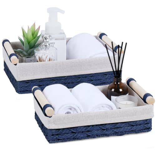 Wicker Storage Basket with Wooden Handle – Paper Rope Decorative Toilet Paper Baskets & Bathroom Organizer for Toilet Tank Top, Shelves, Bedroom, Countertop,Home,Office Storage Bins,2 Pack,Navy Blue