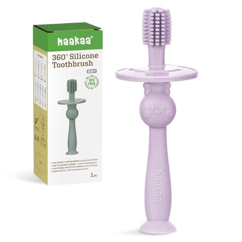 haakaa 360° Baby Toothbrush with Suction Base - Gentle Cleaning for Infant Self-Brushing Training, Sorft Food-Grade Silicone, Baby Teething Relief - Lavender, 1 Count