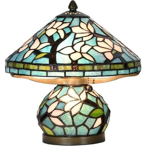 Bieye L10905 Tiffany Style Stained Glass Mushroom-Shaped Double Lit Table Lamp for Home Decor (10-inch, White Magnolia)