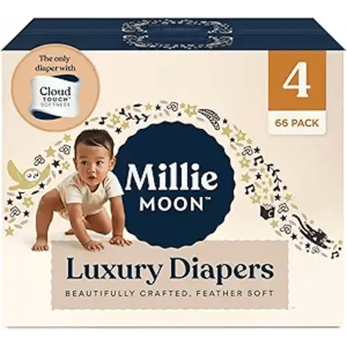 Millie Moon Luxury Diapers – Ultra Soft Cloud Touch Disposable Diapers with 12 Hour Absorbency & Wetness Indicator (4-66ct)