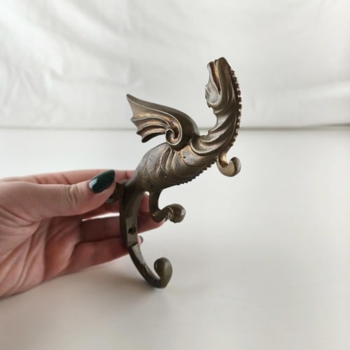 Vintage Brass Dragon Wall Hook Gothic Decor Fantasy Coat Hook Medieval Style Dragon Hanger Rustic Wall Hook Gift