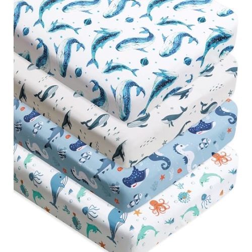 4 Pack Ocean Nautical Crib Sheets Neutral Unisex Fitted Whale Nursery Baby Sheet Set Toddler Mattress Newborn Blue Ocean Whale Sea Animal Bedding Sheets for Baby Boys or Girls (Crib)