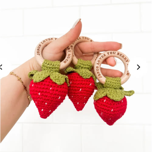 Jesus Loves You Berry Much Strawberry Knitted Teether Rattle