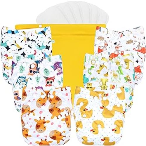 wegreeco Cloth Diapers 6 Pack with 6 Inserts & 1 Wet Bag, Washable Cloth Diapers for Babies, One Size Adjustable Reusable (Bright Animals)