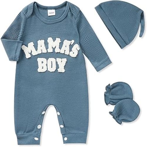 GRNSHTS Newborn Baby Boy Romper Coming Home Outfits Letter Print Bodysuit Jumpsuit+Hat+Gloves 3PCS Clothes Set