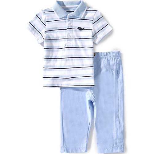 Little Me Baby Boys Short Sleeve Striped Polo Shirt & Solid Pants Set