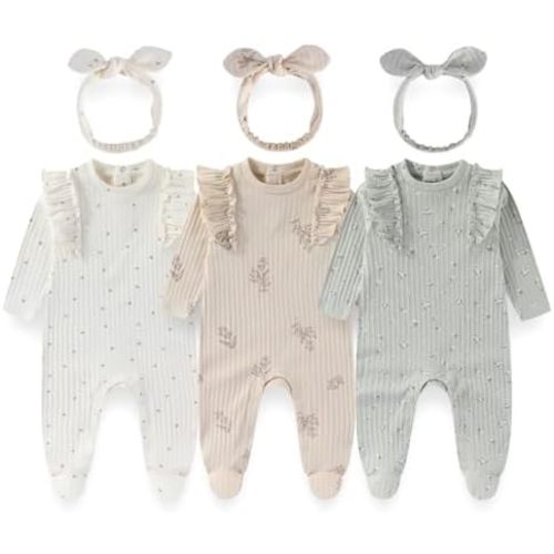 Baby Girls 3-Piece Cotton Floral Outfit Set with Headband Soft Infant Romper Newborn baby clothes