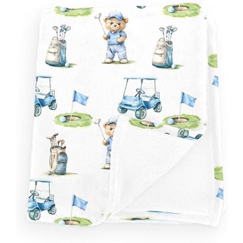 Wicbfdfv Cute Bear Golf Cart Blue Baby Blankets for Boy Girl Bears Sport Golfing Flag Club Flannel Fleece Nursery Outdoor Sports Lover Bed Receiving Swaddle Newborn Infant Toddler Animal 30x40inch