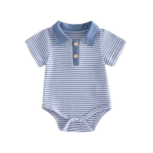 VISGOGO Baby Boy Striped Romper Waffle Short Sleeve Button Oversized Bodysuit Summer Baby Collared Onsie Polo Shirt Clothes