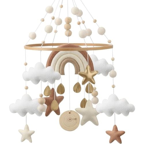 Rainbow Mobile for Crib - A Gender Neutral Boho Mobile for Crib with Gold Stars and Clouds